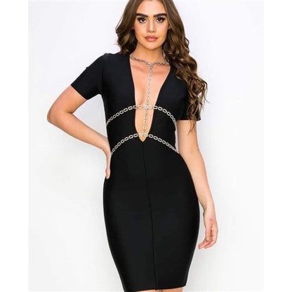 Chain Front Bandage Dress in Black