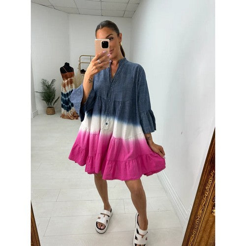 3-Colour Tie Dye Denim Tiered Dress in Fuchsia