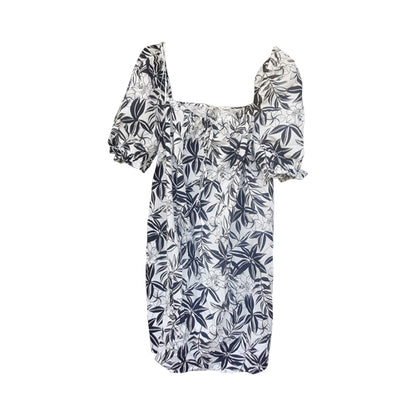 Puff Sleeve Floral Print Tunic Dress in Black & White