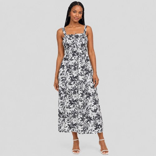 Floral Print Gypsy Style Sleeveless Midi Dress in Black & White