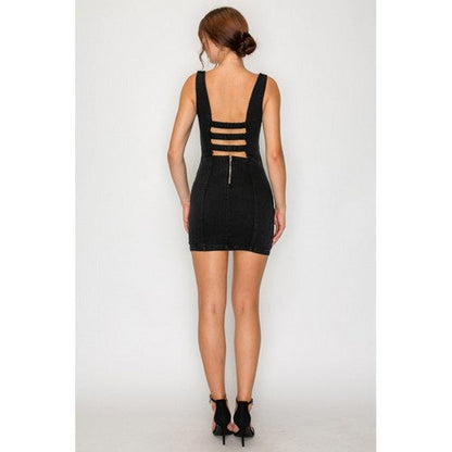 BD05915 Elastic Cutout Fitted Denim Dress in Black Denim