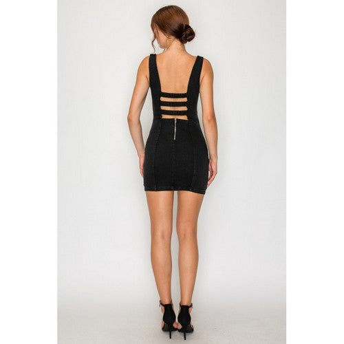 BD05915 Elastic Cutout Fitted Denim Dress in Black Denim