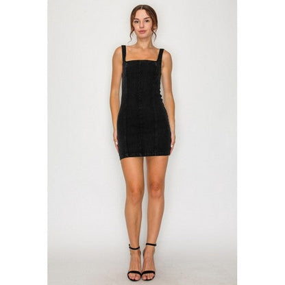 Elastic Cut-Out Fitted Denim Dress in Black Denim