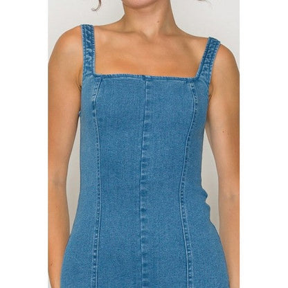 Elastic Cut-Out Fitted Denim Dress in Medium Denim