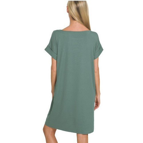 Rolled Sleeve Dress With Pockets in Ash Jade