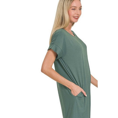 Rolled Sleeve Dress With Pockets in Ash Jade