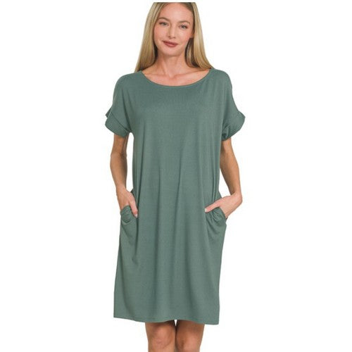 PD-9092D4 Rolled Sleeve Dress With Pockets in Ash Jade
