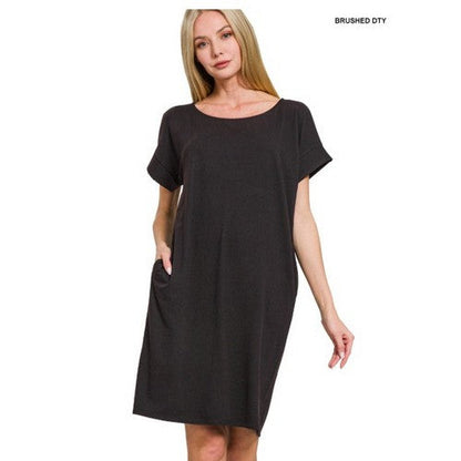PD-9092D4 Rolled Sleeve Dress With Pockets in Black