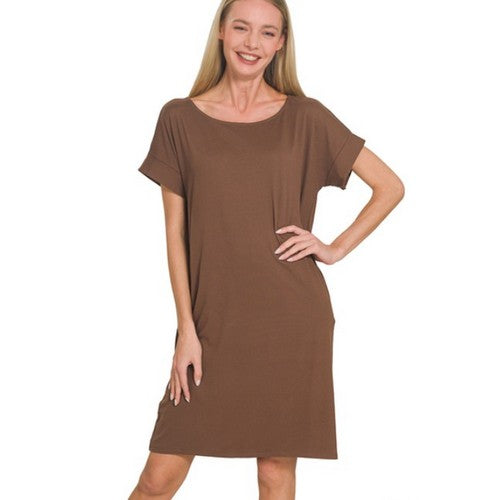 PD-9092D4 Rolled Sleeve Dress With Pockets in Brown