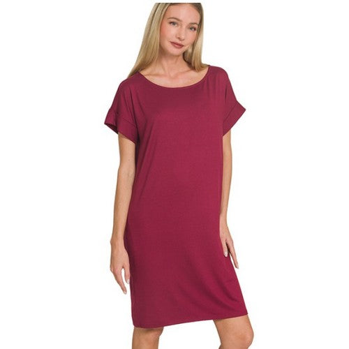 PD-9092D4 Rolled Sleeve Dress With Pockets in Cabernet