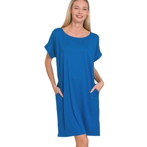 PD-9092D4 Rolled Sleeve Dress With Pockets in Classic Blue