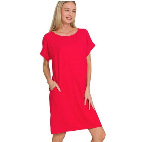 PD-9092D4 Rolled Sleeve Dress With Pockets in Ruby