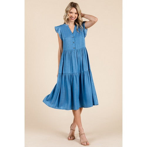 Tiered Flutter Sleeve Chambray Midi Dress in Denim
