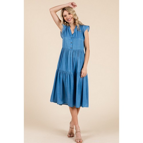 Tiered Flutter Sleeve Chambray Midi Dress in Denim