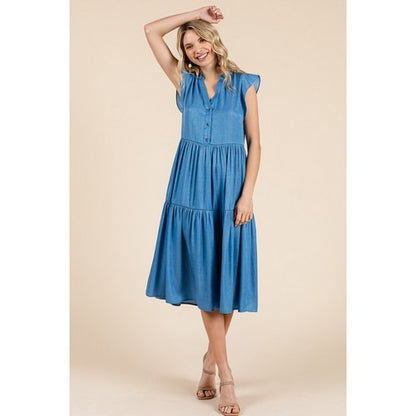 Tiered Flutter Sleeve Chambray Midi Dress in Denim