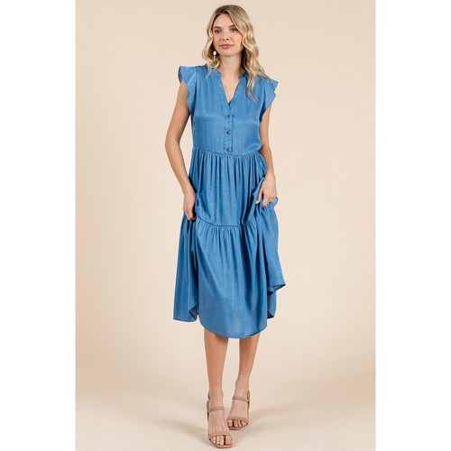 Tiered Flutter Sleeve Chambray Midi Dress in Denim
