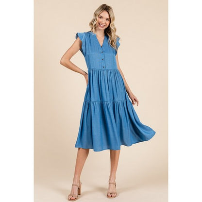 Tiered Flutter Sleeve Chambray Midi Dress in Denim