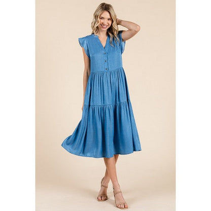 Tiered Flutter Sleeve Chambray Midi Dress in Denim