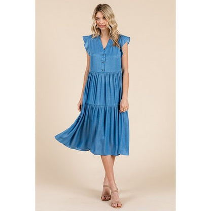 Tiered Flutter Sleeve Chambray Midi Dress in Denim