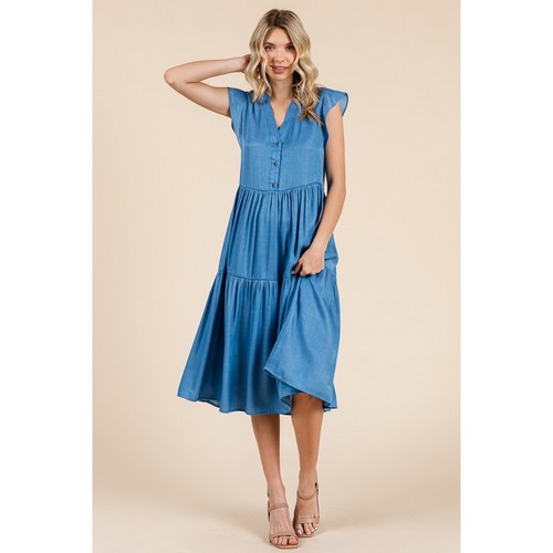 Tiered Flutter Sleeve Chambray Midi Dress in Denim