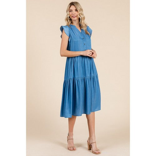 Tiered Flutter Sleeve Chambray Midi Dress in Denim