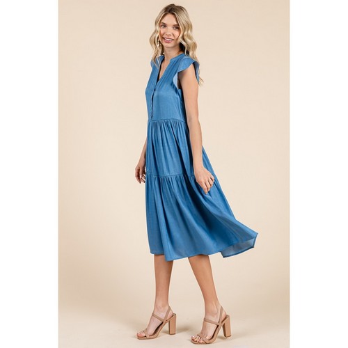 Tiered Flutter Sleeve Chambray Midi Dress in Denim