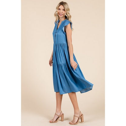 Tiered Flutter Sleeve Chambray Midi Dress in Denim