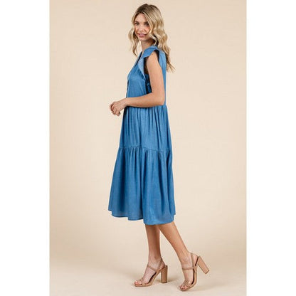 Tiered Flutter Sleeve Chambray Midi Dress in Denim