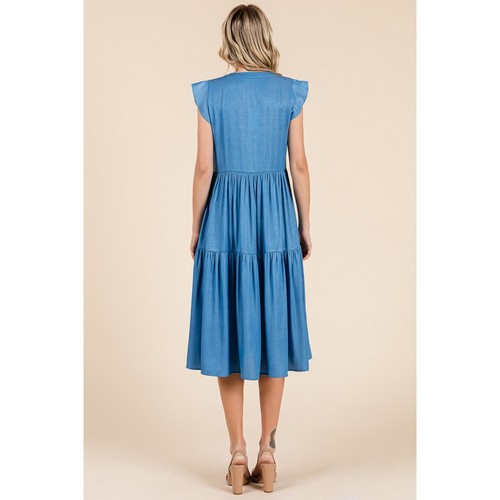 Tiered Flutter Sleeve Chambray Midi Dress in Denim
