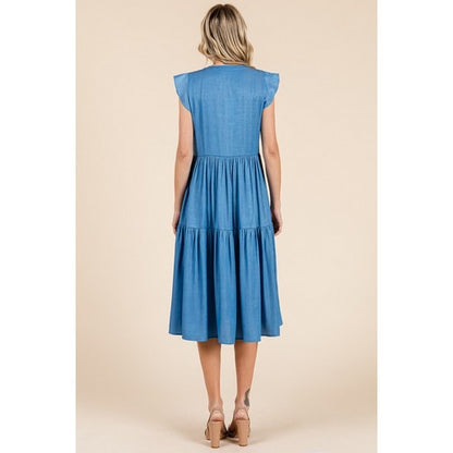 Tiered Flutter Sleeve Chambray Midi Dress in Denim