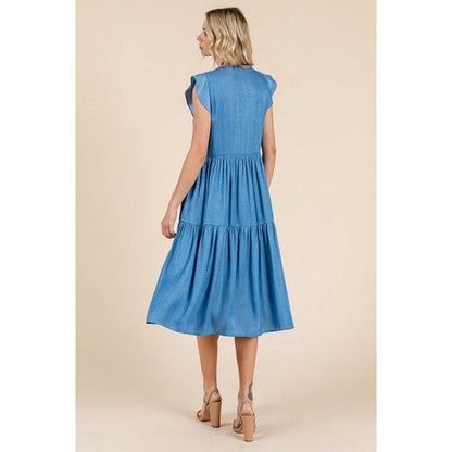 Tiered Flutter Sleeve Chambray Midi Dress in Denim