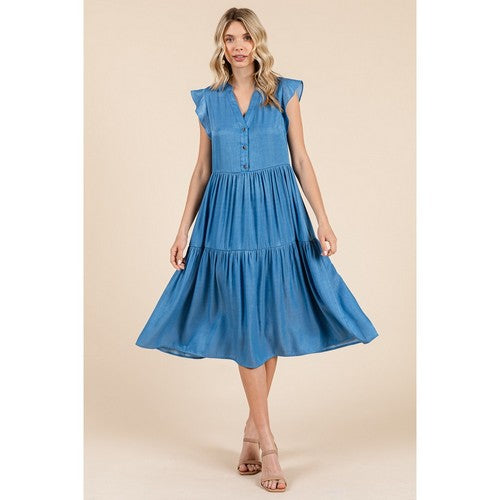 KAD1436 Tiered Flutter Sleeve Chambray Midi Dress in Denim