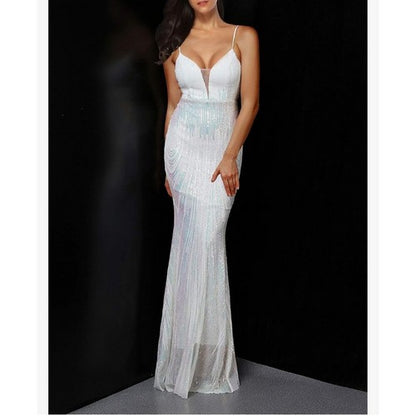 Deep Plunge Cami Sequin & Rhinestone Gown in Ivory