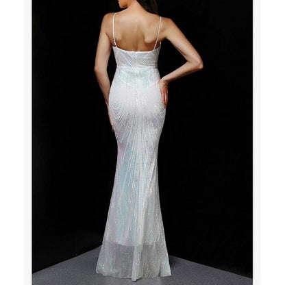 Deep Plunge Cami Sequin & Rhinestone Gown in Ivory