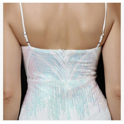 Deep Plunge Cami Sequin & Rhinestone Gown in Ivory