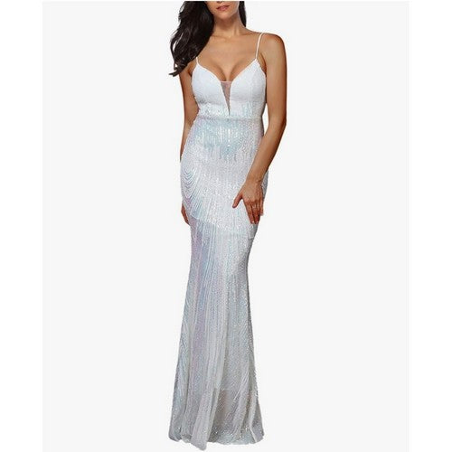 Deep Plunge Cami Sequin & Rhinestone Gown in Ivory