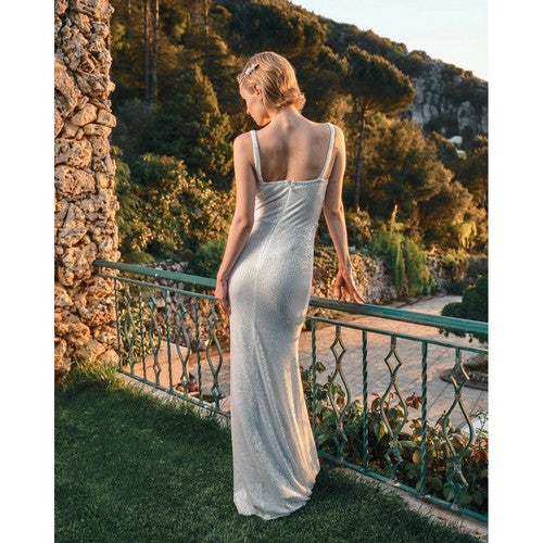 Bustier Sequin Gown with Rhinestone & Pearl Trim in Ivory