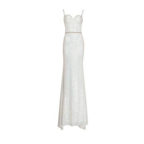 Bustier Sequin Gown with Rhinestone & Pearl Trim in Ivory
