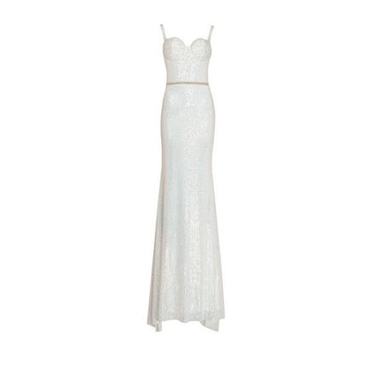 Bustier Sequin Gown with Rhinestone & Pearl Trim in Ivory