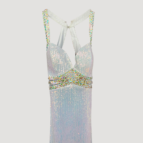 Halter Sequin Gown with Rhinestone Trim in Ivory