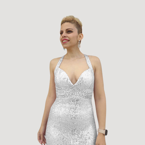 Halter Sequin Gown with Rhinestone Trim in Ivory