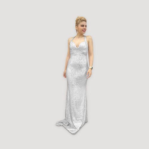 Halter Sequin Gown with Rhinestone Trim in Ivory