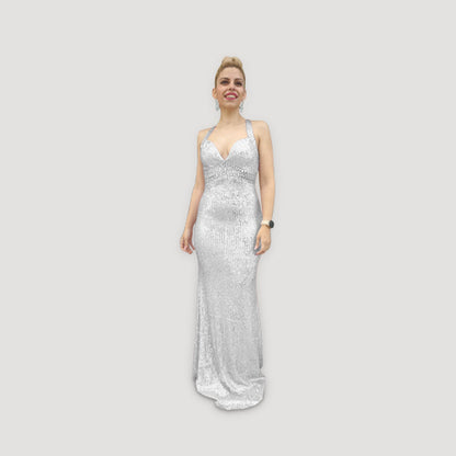 Halter Sequin Gown with Rhinestone Trim in Ivory