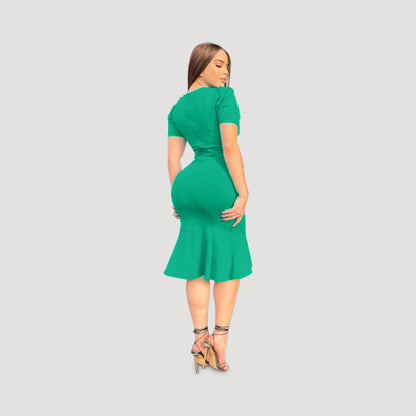 Puff Sleeve V-Neck Work Dress in Green