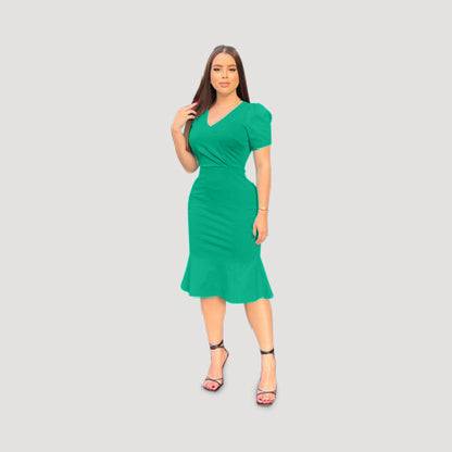 Puff Sleeve V-Neck Work Dress in Green