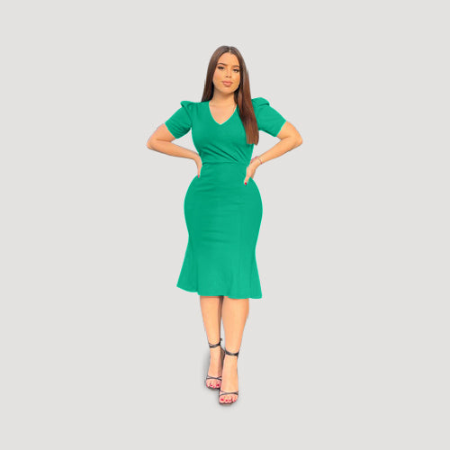 Puff Sleeve V-Neck Work Dress in Green
