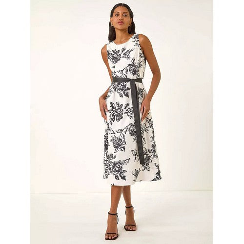 Roman Rose Print Fitted Maxi Dress in Black & White