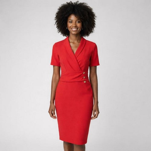 Oasis Pleat Waist Gold Button Tuxedo Work Dress in Red