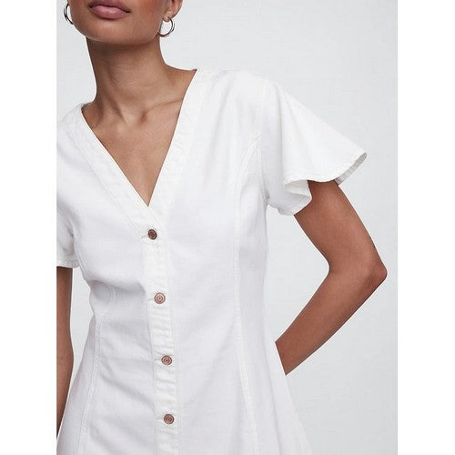 Gap Flutter Sleeve Denim Dress in White Wash Indigo