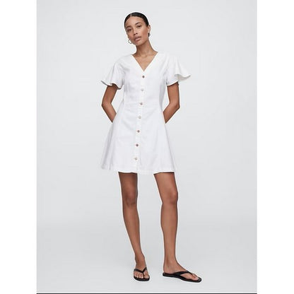 Gap Flutter Sleeve Denim Dress in White Wash Indigo
